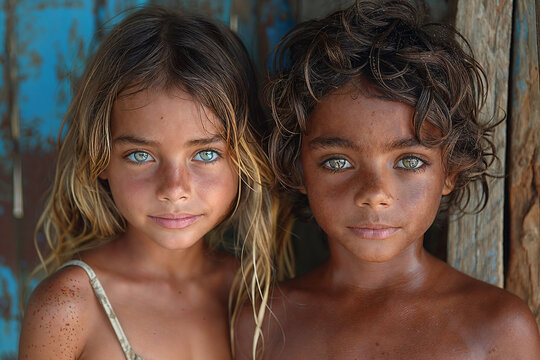 Two young children with brown hair and blue eyes stand next to each other