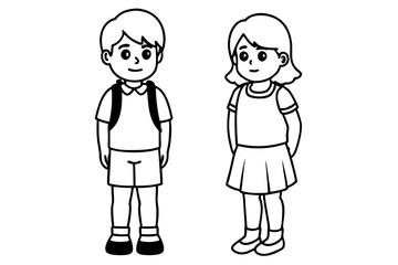 School kids boy and girl, face to face full body standing vector illustration