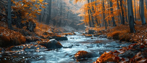 Autumn forest with a river running through