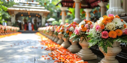 Flower arrangements in white vases line walkway to wedding venue