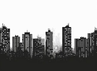 Fototapeta premium vector graphic of pixel blocks forming the silhouette of tall buildings in an urban cityscape, white background,