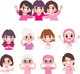 Woman support campaign to fight on breast cancer with pink ribbon in breast cancer awareness month. Cartoon clipart vector design.