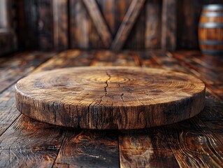 A wooden table with a round top and a wooden wall behind it
