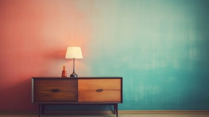 Stylish Mid-Century Modern Furniture With Lamp On Wooden Sideboard And Gradient Wall Background. Generative AI
