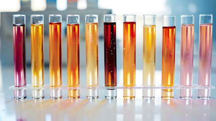 Test tubes filled with different liquids in a laboratory, bright and clean environment, high-definition and vibrant colors,  