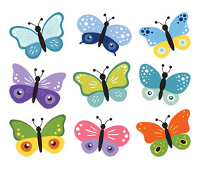 Set of colorful butterflies. Collection of butterflies. Vector illustration.Multicolored butterflies clipart set.Baby shower design elements.Party invitation, birthday celebration. Spring,summer decor