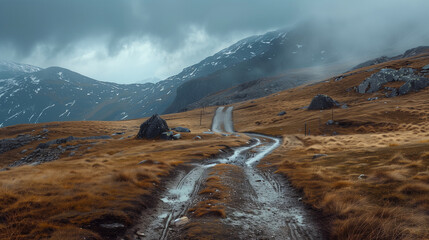 winding path through misty mountains