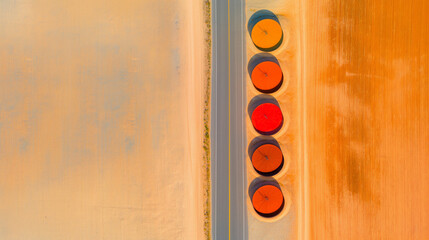 aerial view of colorful industrial tanks