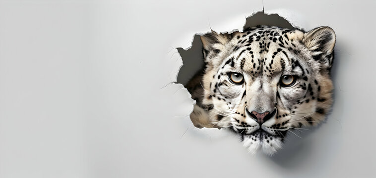 A snow leopard peeking through a ripped hole