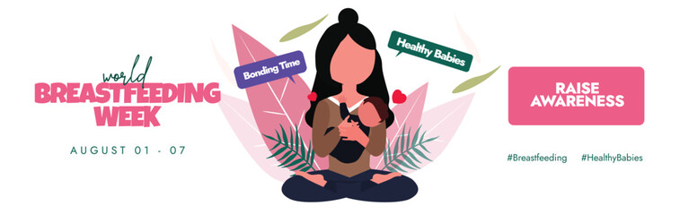 World Breastfeeding week. 1 to 7 August Breast feeding week celebration cover banner, post with a mother holding her baby. The week highlights the benefits of breast milk for babies health and growth.