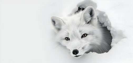 Naklejka premium An arctic fox looking through a torn hole