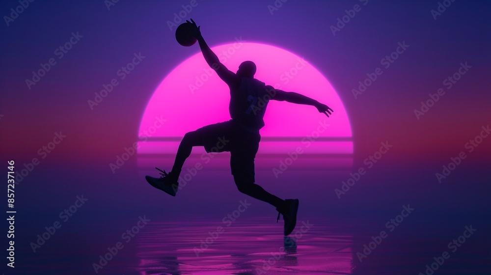 Wall mural Cyberpunk basketball player jumping with neonlit sunset, Futuristic, Neon colors, 3D rendering, Hightech ambiance