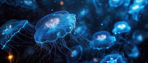 Obraz premium Bioluminescent plankton glowing in the dark waters of the deep sea