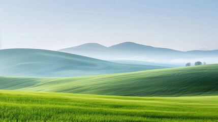 rolling green hills with misty mountains in the background