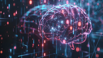 Concept of AI System with D Hologram of Human Brain and Computer Hardware Parts. Concept AI System, 3D Hologram, Human Brain, Computer Hardware Parts, Technology Integration