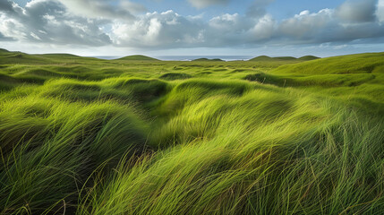 windy green grass field under cloudy sky