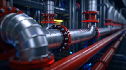 Sleek industrial HVAC system with red and silver ducts, hightech environment, Realism, Cool and warm tones, Digital painting, High detail