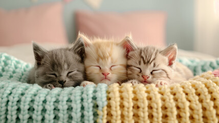 Three adorable kittens snuggled together in a cozy knitted blanket