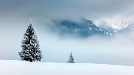 snowy landscape with pine trees in the mist