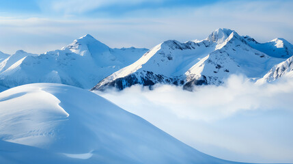 snowy mountain peaks above the clouds