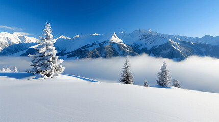 snowy mountain landscape with frosted pine trees