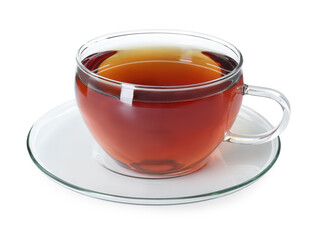 Aromatic tea in glass cup isolated on white
