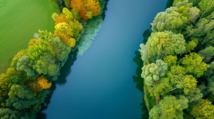 aerial view of river surrounded by lush greenery