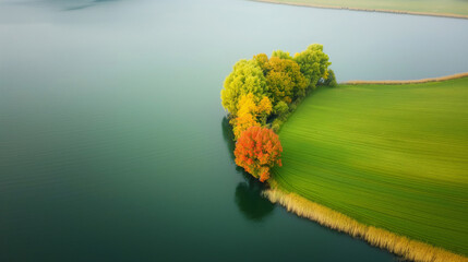aerial view of green fields with autumn trees by the river