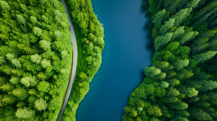 aerial view of river through dense forest