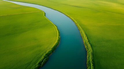 aerial view of winding river through green fields