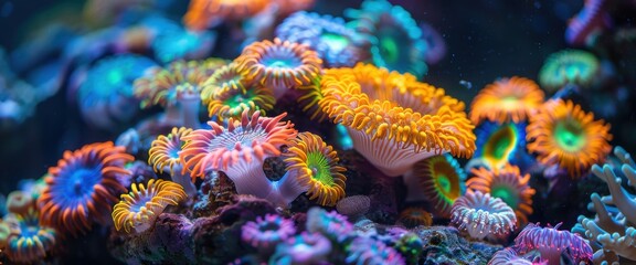 Obraz premium Brightly colored coral polyps extending from their hard skeletons on a reef