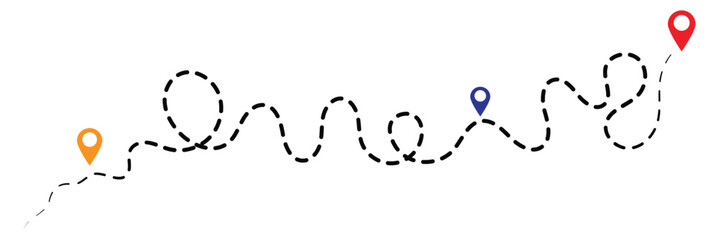 Route icon - two points with dotted path and location pin. Route location icon two pin sign and dotted line. Travel vector icon. Travel from start point and dotted line tracing.