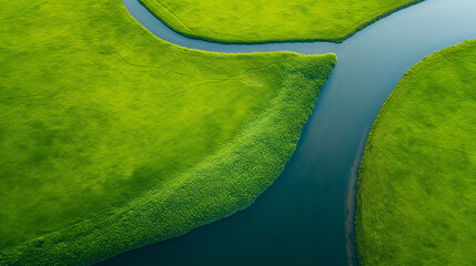 aerial view of river winding through green meadows