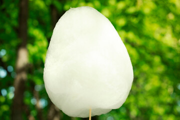 One sweet cotton candy against blurred green, closeup