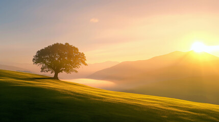 sunset over rolling hills with a lone tree
