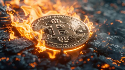 Bitcoin Coin in Fiery Surroundings.