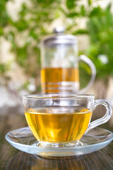 Green Tea in a Glass Tea Cup and Saucer with French Press teapot on side