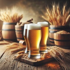 Glasses of light beer with spikelets of barley on the wooden background.  Copy space for text