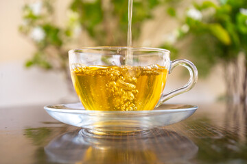 Pouring Organic Green Tea into a transparant glass tea cup in the mountains with green background