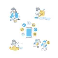 スマートフォンを見ている複数の男女　バリエーションセット