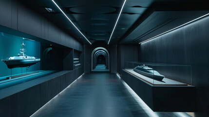 Modern Gallery Interior with Ship Models.