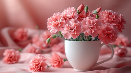 Pink carnations in a white mug on a pink fabric background, close up. Floral arrangement and romantic concept