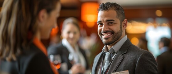 Business professionals networking at a corporate event, formal attire, elegant setting, professional connections