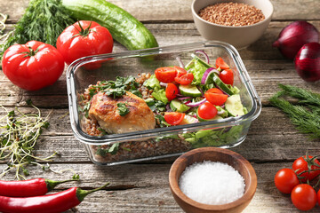 Healthy meal. Cutlet, buckwheat and salad in container near other products on wooden table