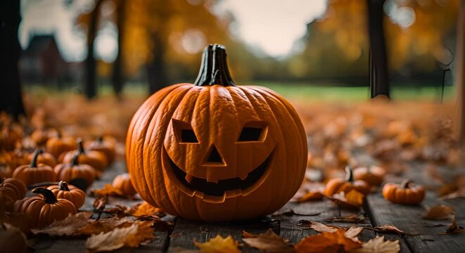 Carved pumpkin is sitting on a wooden surface outdoors, surrounded by fall leaves and smaller pumpkins, with a blurred background