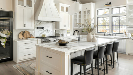 Beautiful white kitchen in new luxury home. Features large island, pendant lights, black furniture and hardwood floors, home kitchen ideas 
