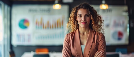 Naklejka premium Businesswoman presenting a financial growth plan to her colleagues in a bright, modern conference room