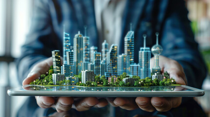 Smart city, building technology, and real estate business. Businessman holding digital tablet with buildings hologram and application programming interface technology