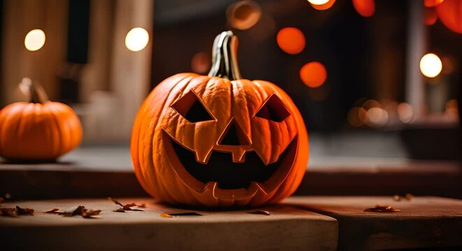 One carved halloween pumpkin is sitting on a wooden porch railing with another uncarved pumpkin behind it. The background is blurred with bokeh from outdoor string lights