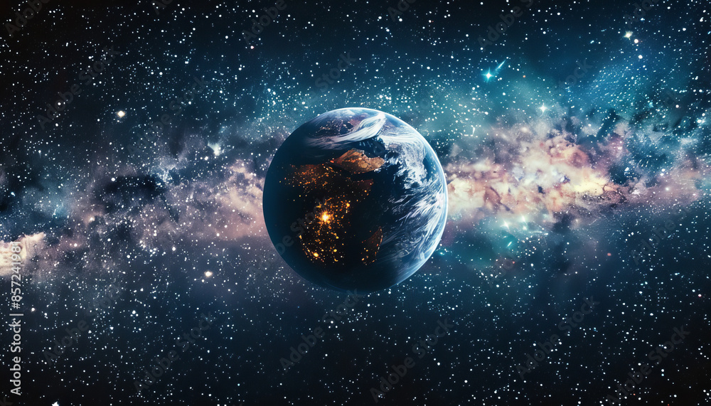 Wall mural a planet is floating in space with a bright light shining on it by ai generated image
